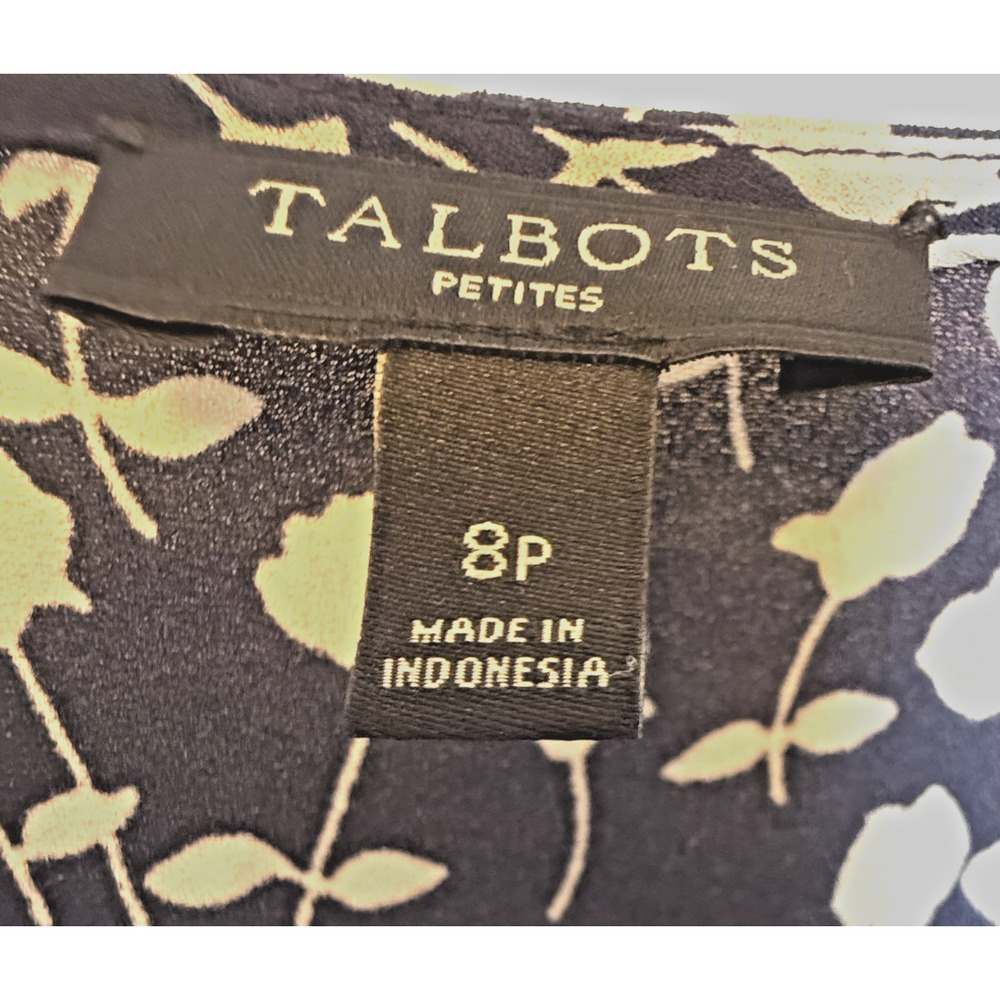 Talbots Petites 8P Navy White Floral Belted Fit Flare Flutter Hem Dress Classic - Picture 4 of 7